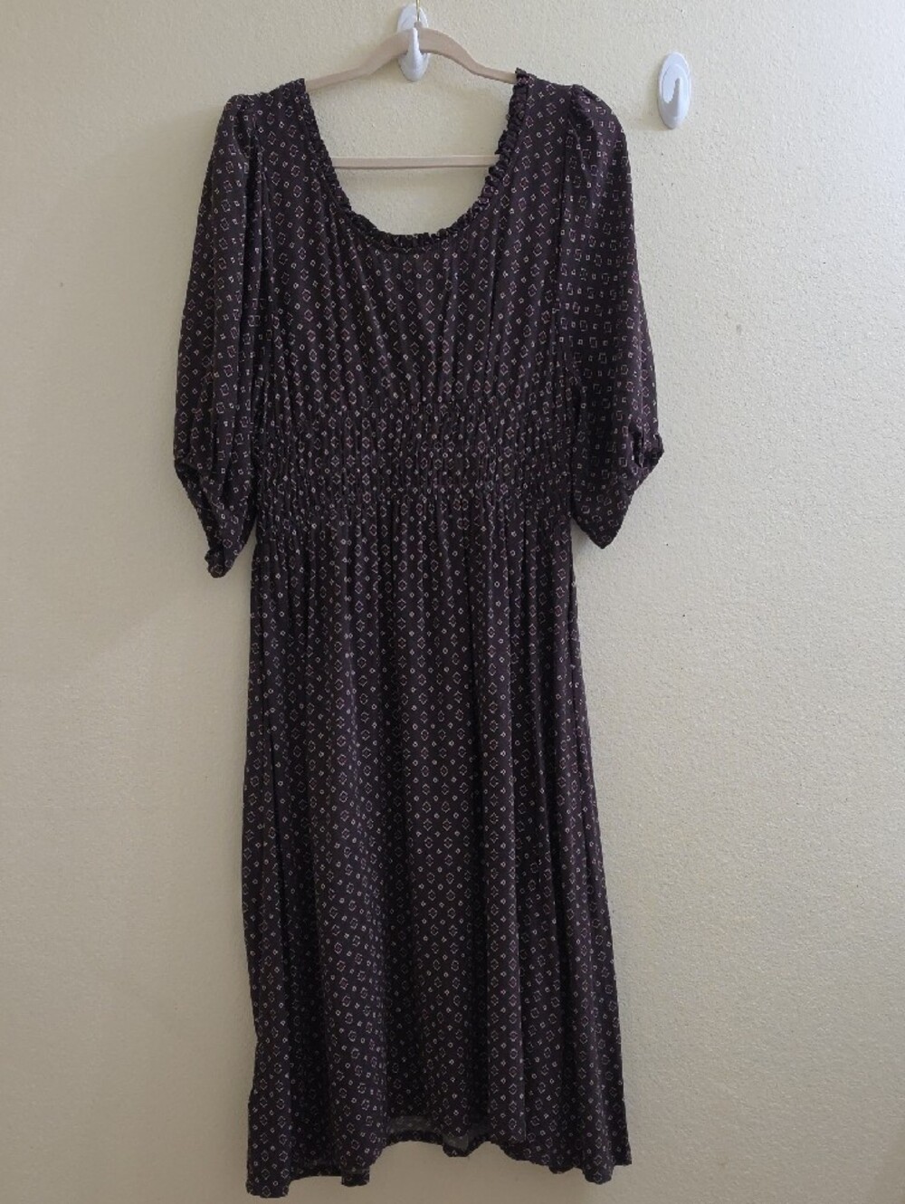 Tecovas 3/4 Sleeve Western Smocked Chocolate Brown Dobby Midi Dress, Large - Picture 2 of 7